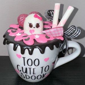Mini Pink, White, & Black Too Cute To Spook Ghost Mug Halloween Decor